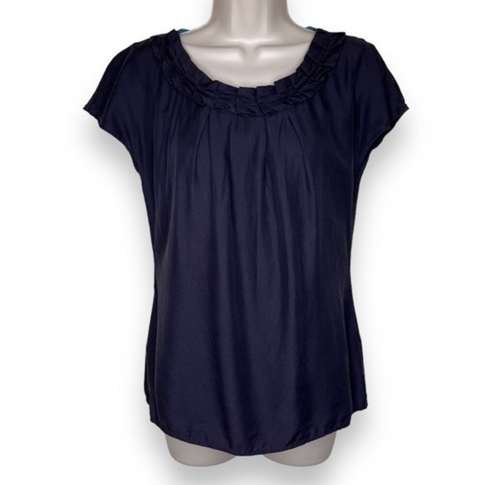 Boden Silk Blend Pleated Neck Detail Cap Sleeve Black Navy Blouse Women Size 2
